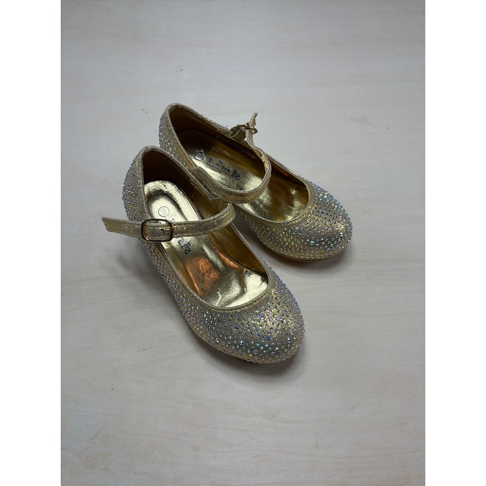 Link Girls Gold Rhinestone Mary Jane Heels Dress Shoes Size 9 Sparkly Pageant